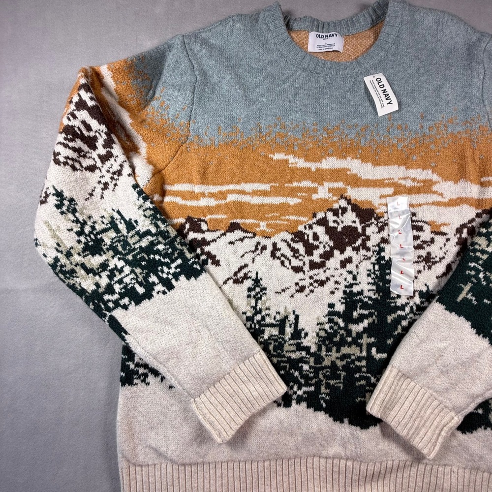 Old Navy Mens Mountain Landscape Knit Crewneck Sweater Cream XL Cabincore